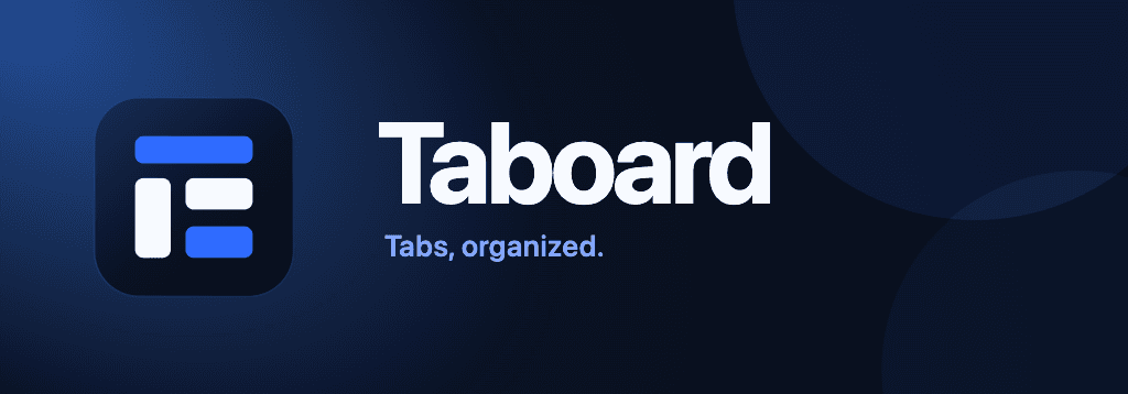 Taboard 로고와 Tabs, organized. 문구가 있는 남색 배너